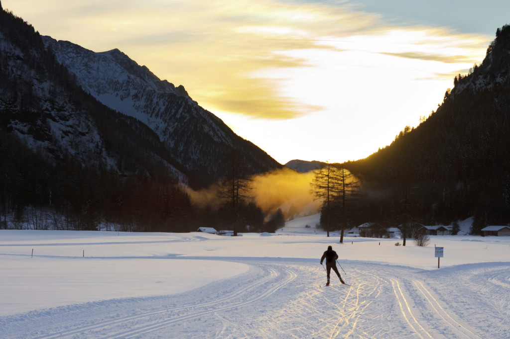 Cross-Country Skiing at Sunset